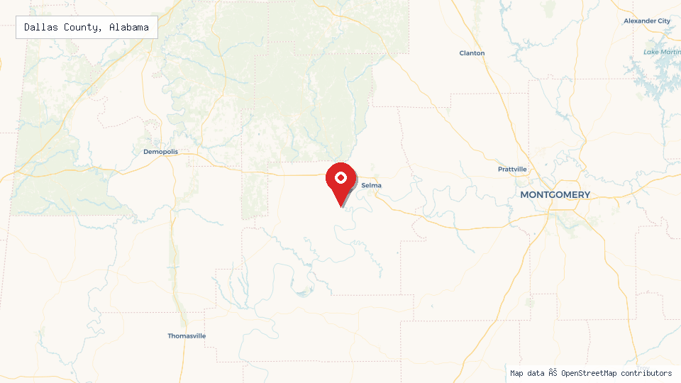 Street map of Dallas County, Alabama with location pin