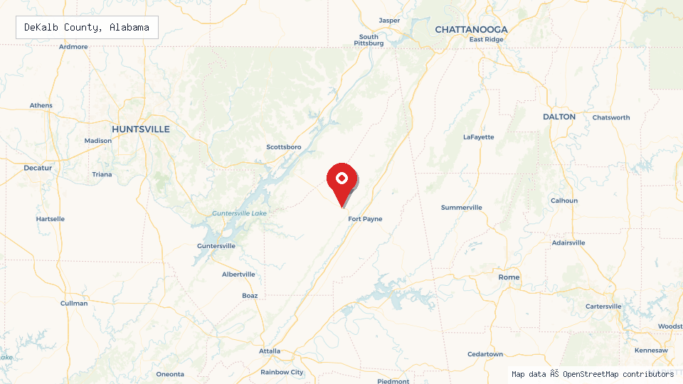 Street map of DeKalb County, Alabama with location pin