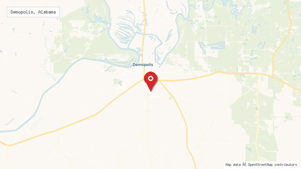 Street map of Demopolis, Alabama with location pin