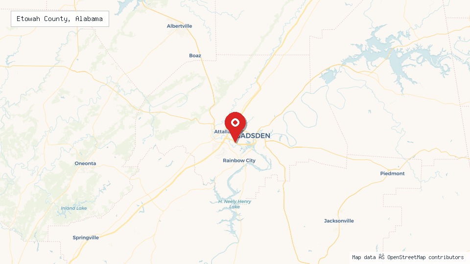 Street map of Etowah County, Alabama with location pin