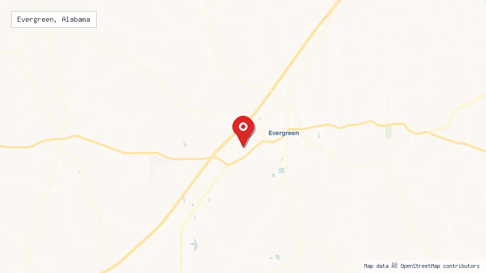 Street map of Evergreen, Alabama with location pin