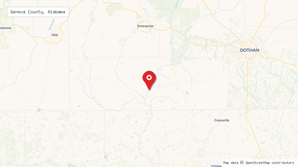 Street map of Geneva County, Alabama with location pin