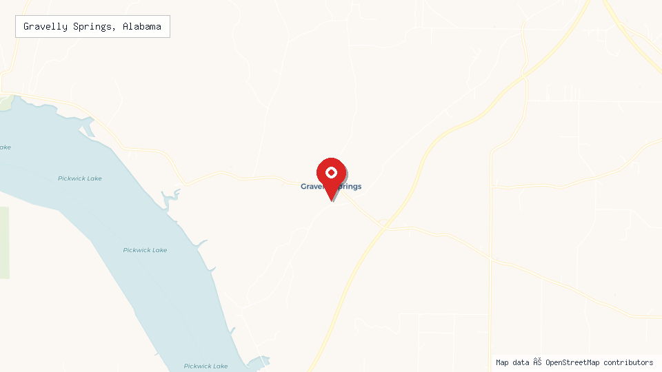 Street map of Gravelly Springs, Alabama with location pin