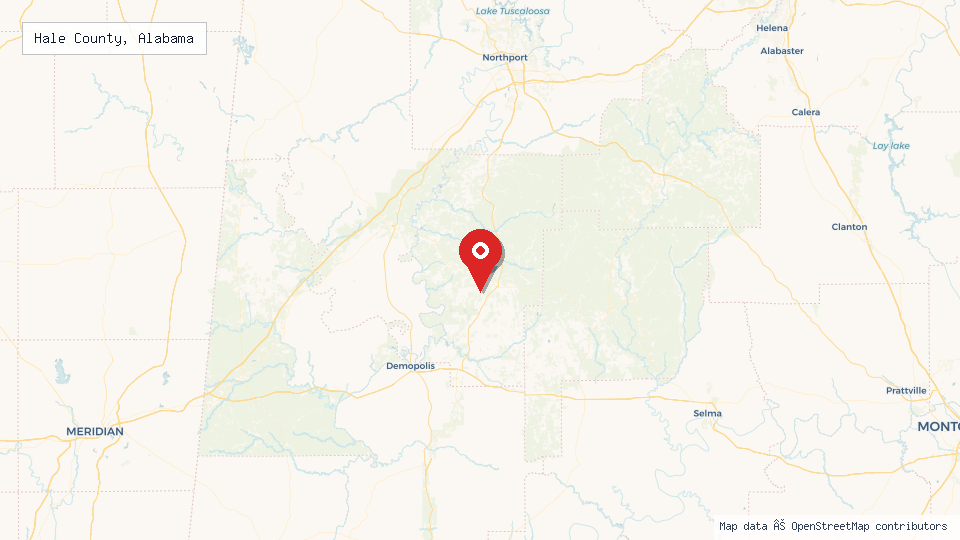 Street map of Hale County, Alabama with location pin