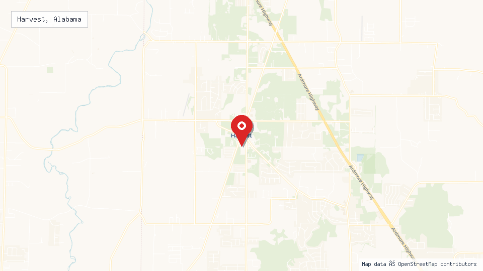 Street map of Harvest, Alabama with location pin