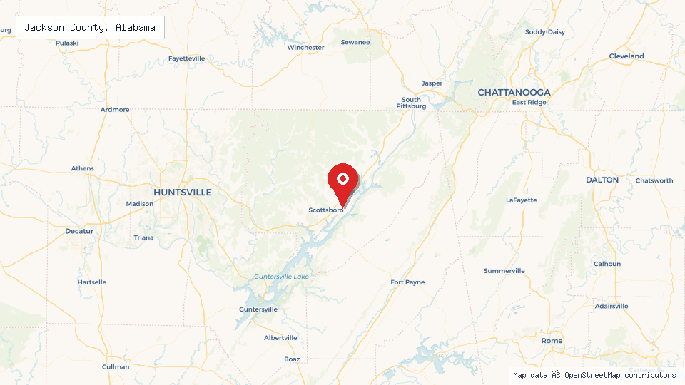 Street map of Jackson County, Alabama with location pin