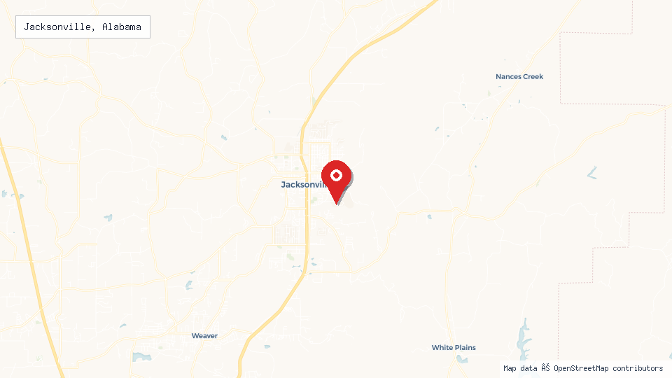 Street map of Jacksonville, Alabama with location pin