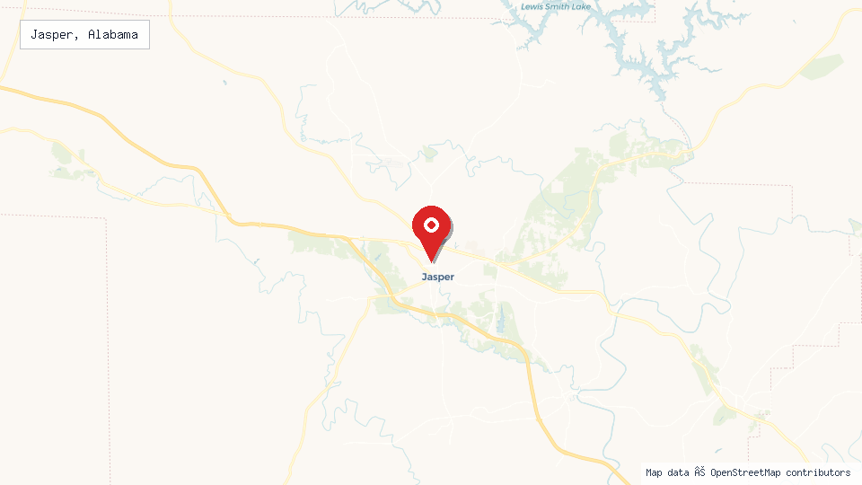 Street map of Jasper, Alabama with location pin