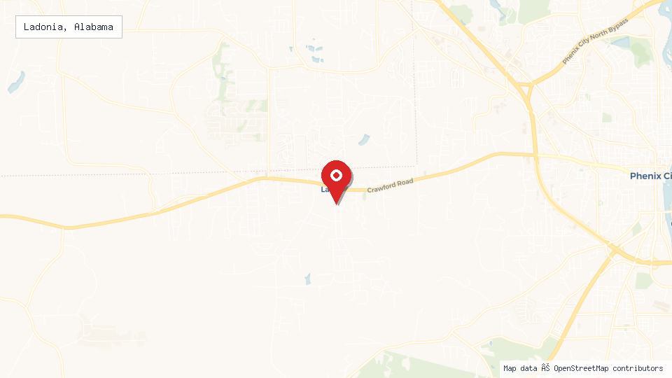 Street map of Ladonia, Alabama with location pin