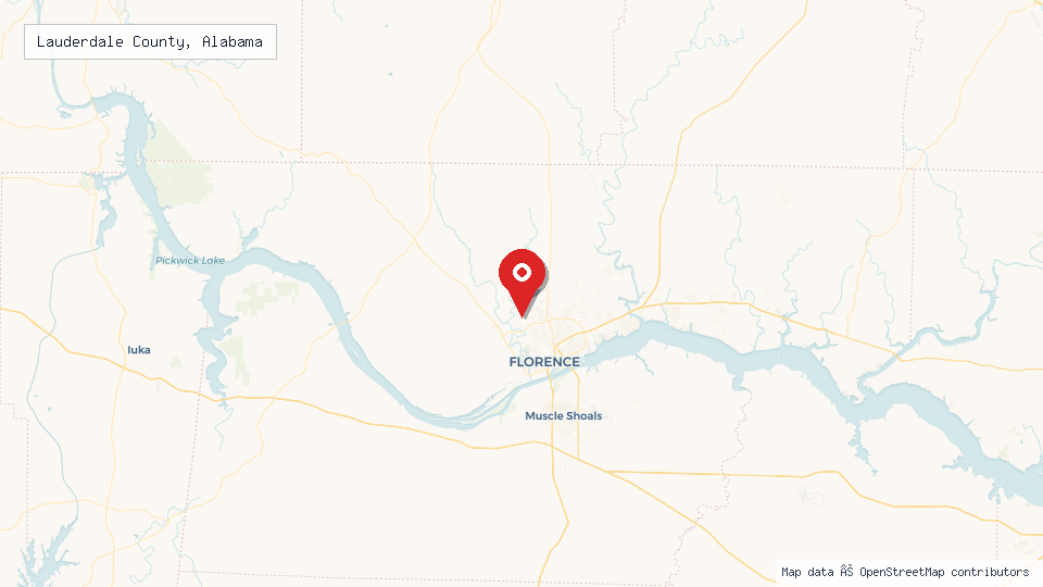 Street map of Lauderdale County, Alabama with location pin