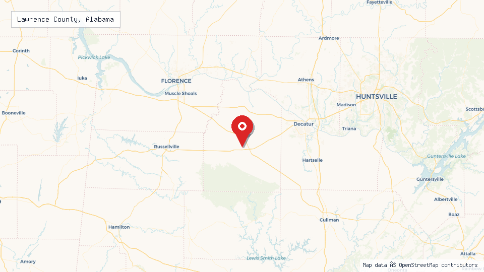 Street map of Lawrence County, Alabama with location pin