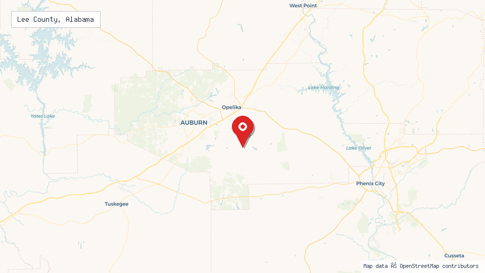 Street map of Lee County, Alabama with location pin