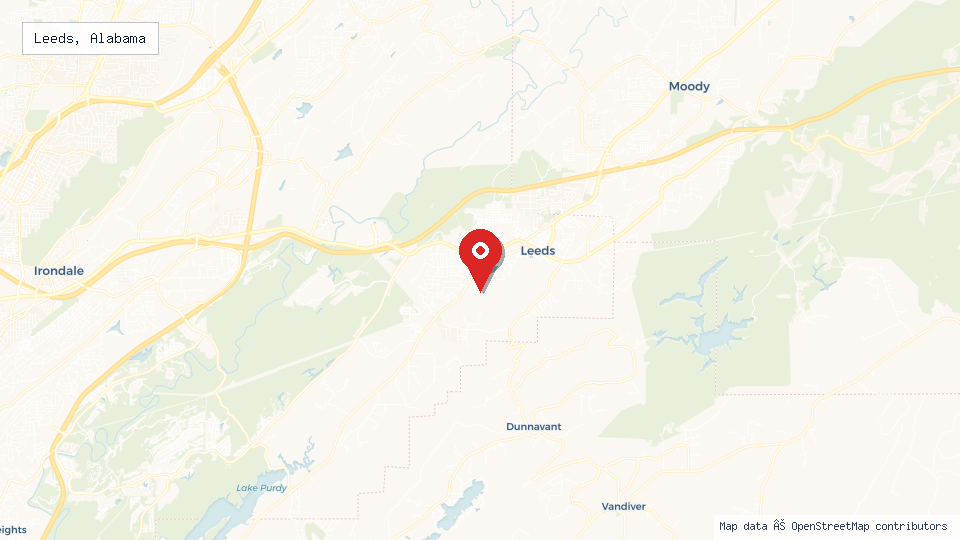 Street map of Leeds, Alabama with location pin