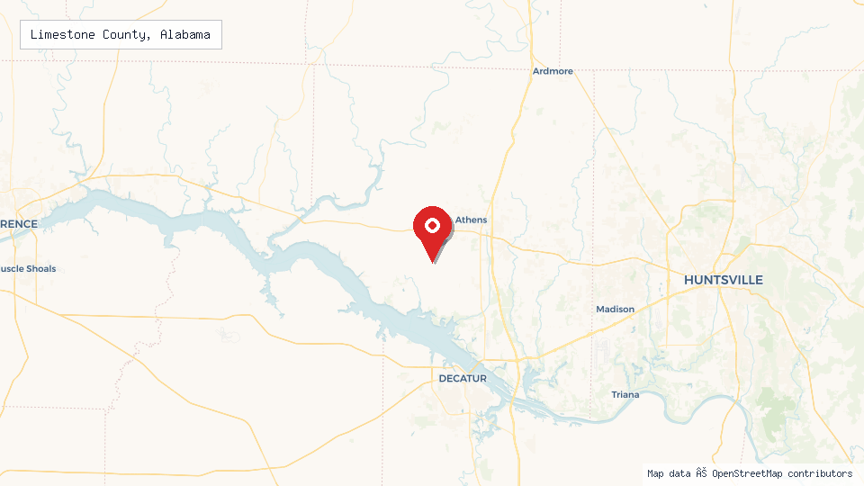Street map of Limestone County, Alabama with location pin