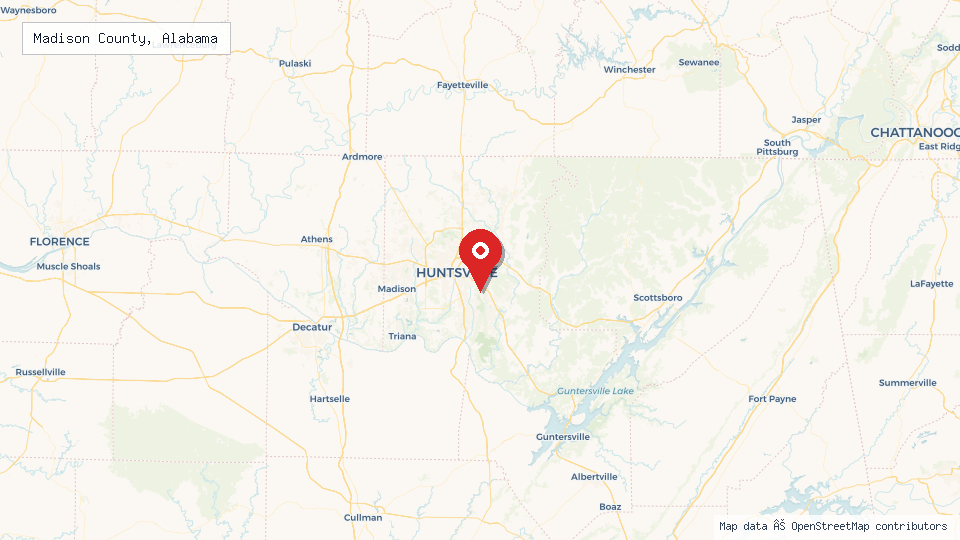 Street map of Madison County, Alabama with location pin