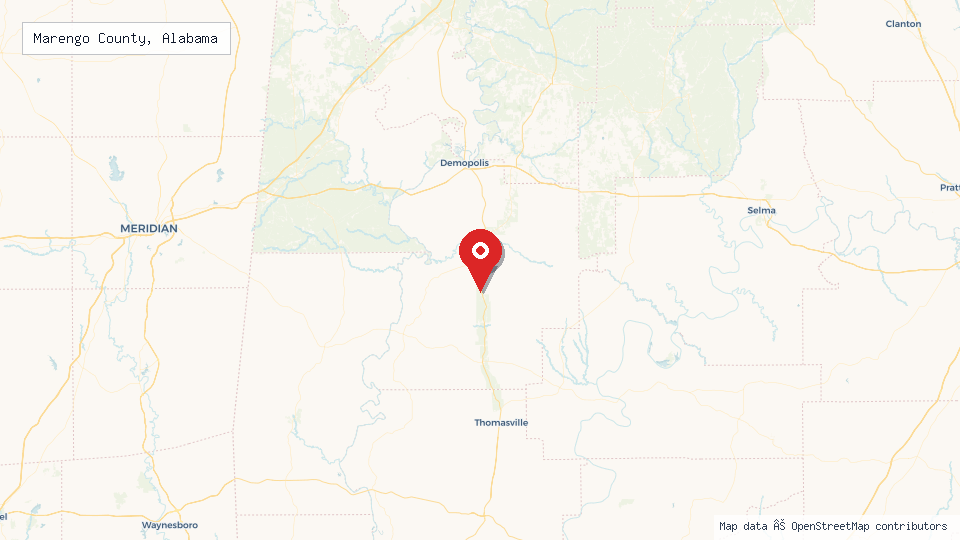 Street map of Marengo County, Alabama with location pin