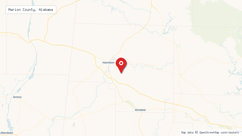 Street map of Marion County, Alabama with location pin