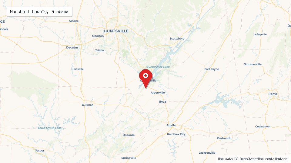 Street map of Marshall County, Alabama with location pin