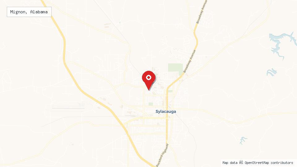 Street map of Mignon, Alabama with location pin