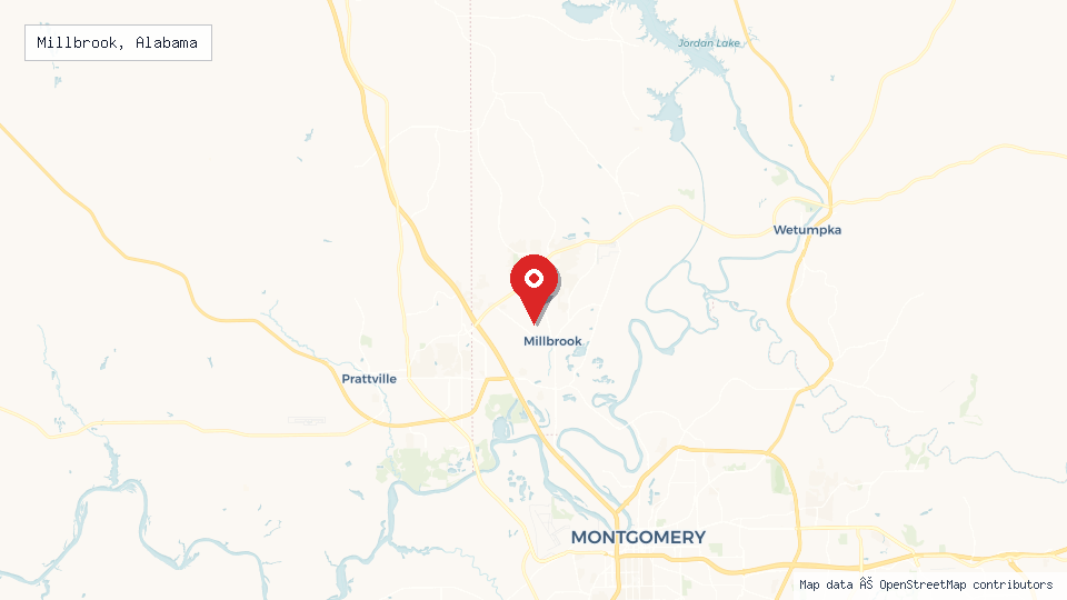 Street map of Millbrook, Alabama with location pin