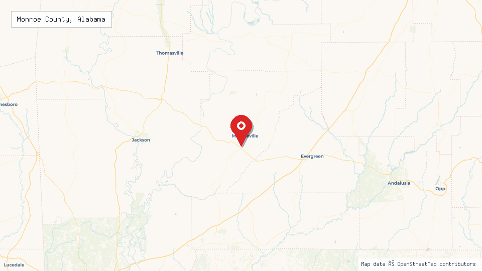 Street map of Monroe County, Alabama with location pin