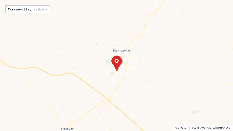 Street map of Monroeville, Alabama with location pin