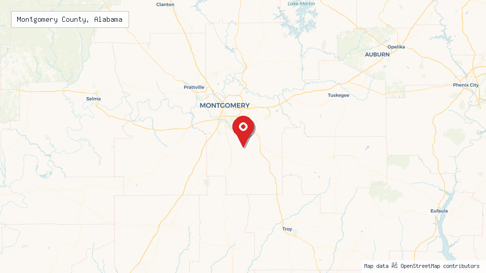 Street map of Montgomery County, Alabama with location pin