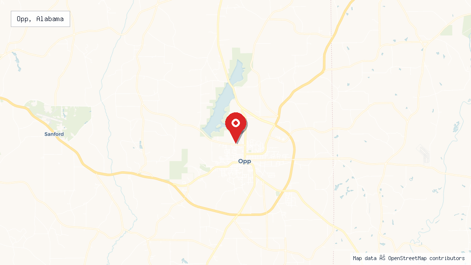 Street map of Opp, Alabama with location pin