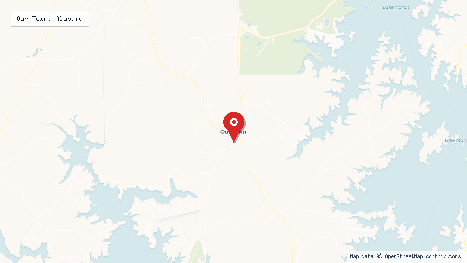 Street map of Our Town, Alabama with location pin
