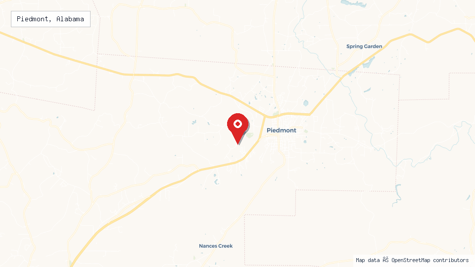 Street map of Piedmont, Alabama with location pin