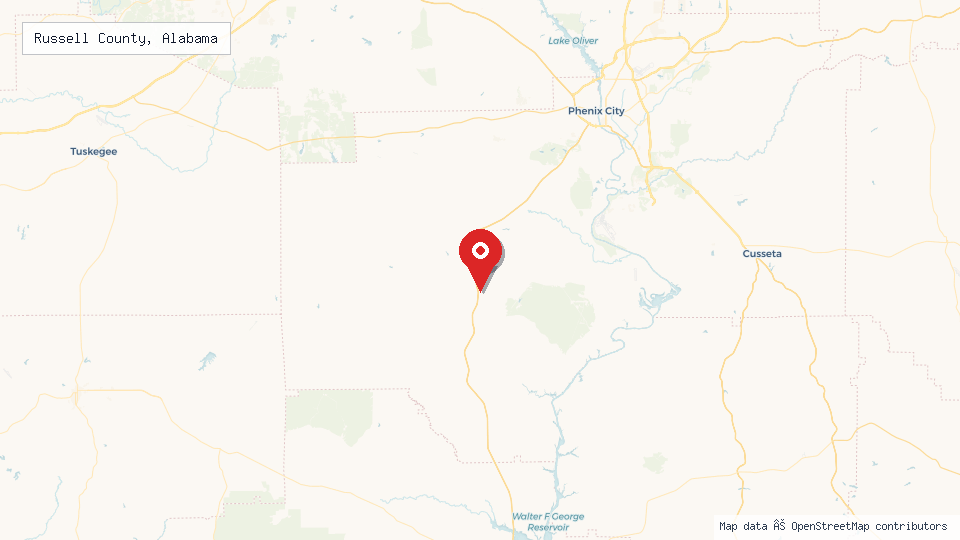 Street map of Russell County, Alabama with location pin
