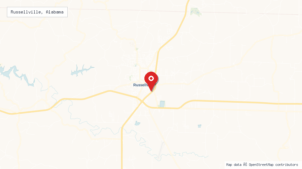 Street map of Russellville, Alabama with location pin