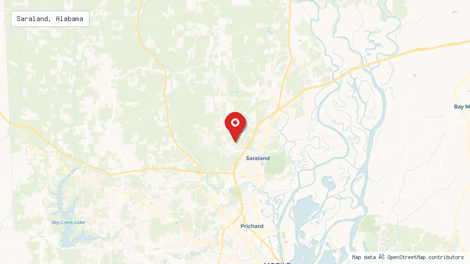 Street map of Saraland, Alabama with location pin