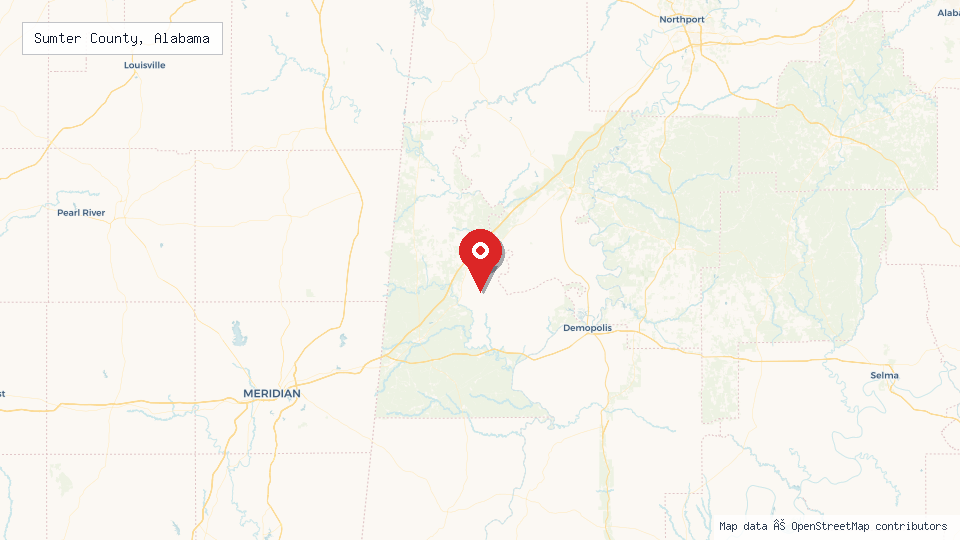 Street map of Sumter County, Alabama with location pin