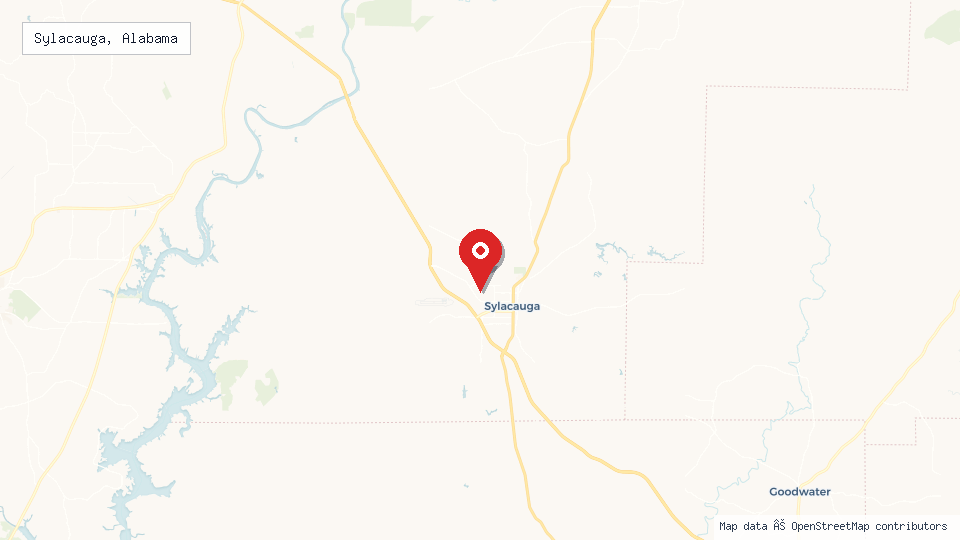 Street map of Sylacauga, Alabama with location pin