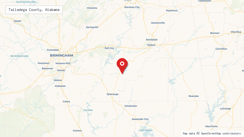 Street map of Talladega County, Alabama with location pin