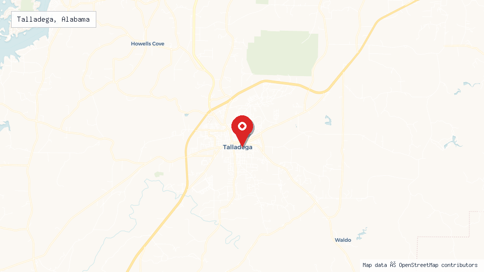 Street map of Talladega, Alabama with location pin