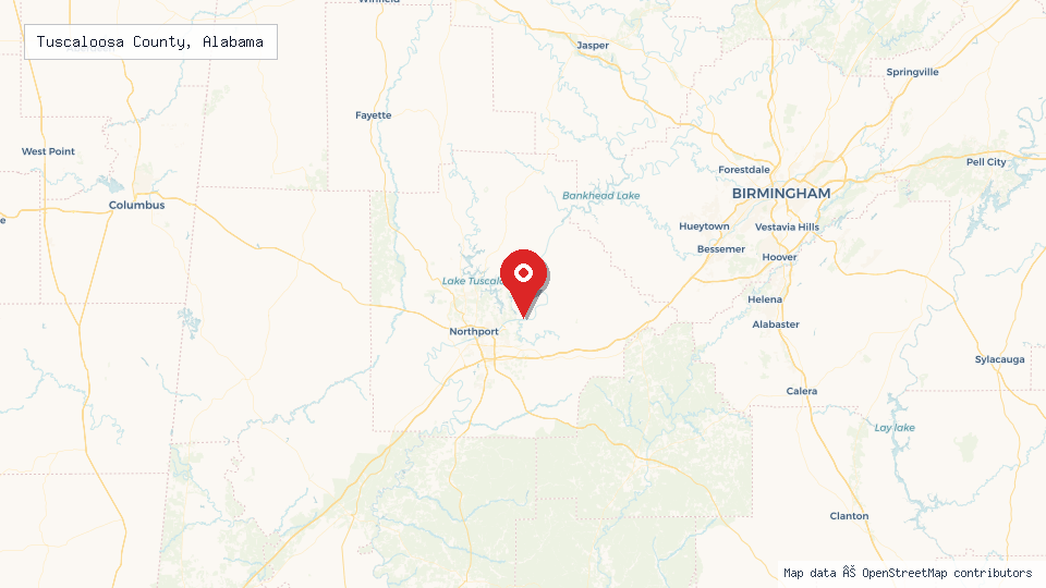 Street map of Tuscaloosa County, Alabama with location pin