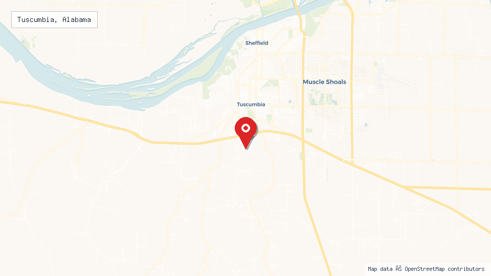 Street map of Tuscumbia, Alabama with location pin