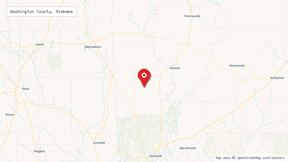 Street map of Washington County, Alabama with location pin