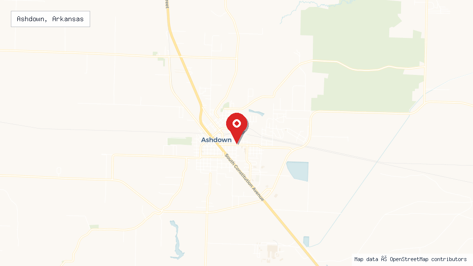 Street map of Ashdown, Arkansas with location pin