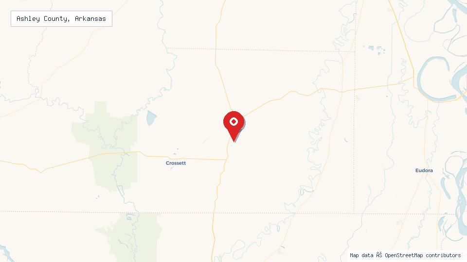 Street map of Ashley County, Arkansas with location pin