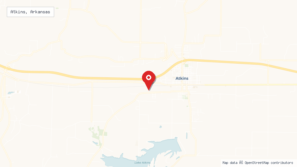 Street map of Atkins, Arkansas with location pin
