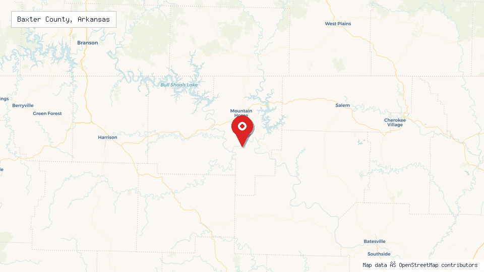 Street map of Baxter County, Arkansas with location pin