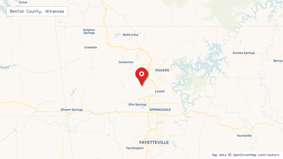 Street map of Benton County, Arkansas with location pin
