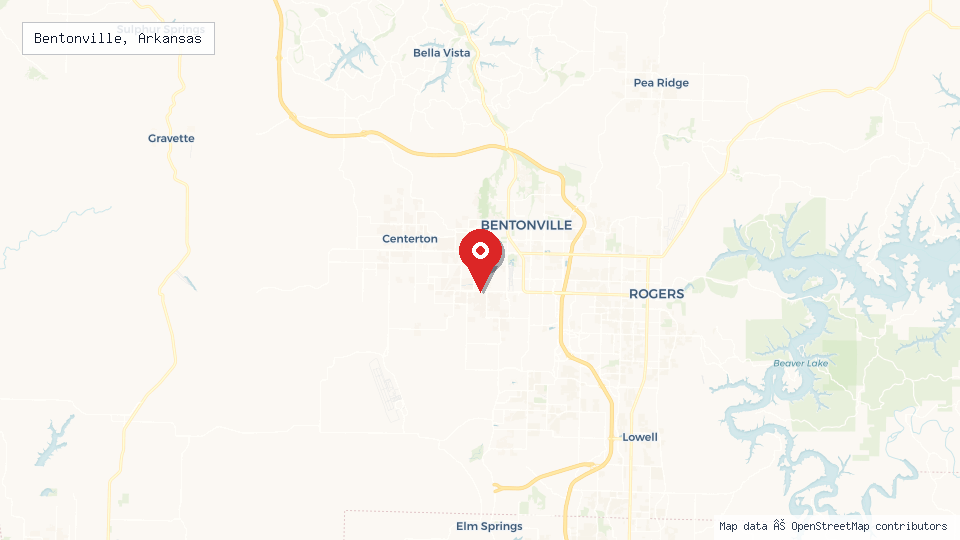 Street map of Bentonville, Arkansas with location pin