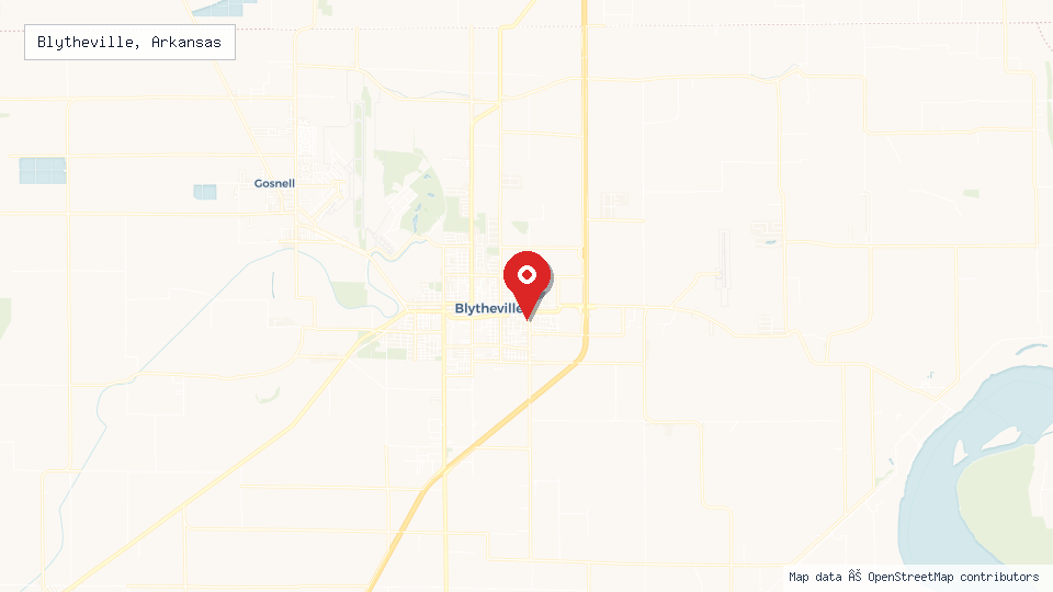 Street map of Blytheville, Arkansas with location pin