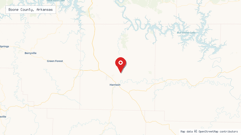 Street map of Boone County, Arkansas with location pin
