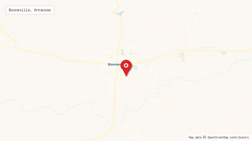 Street map of Booneville, Arkansas with location pin