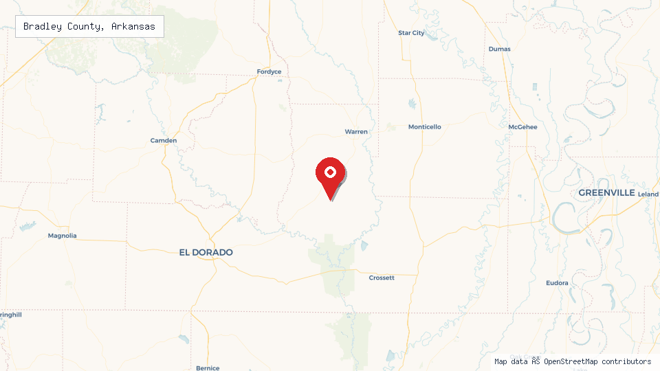 Street map of Bradley County, Arkansas with location pin